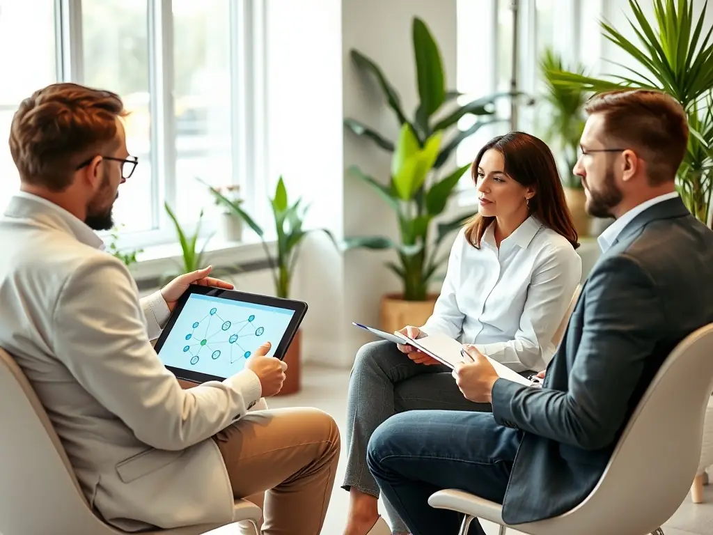 An IT consultant is reviewing network infrastructure diagrams with a client, focusing on optimizing system performance and security.