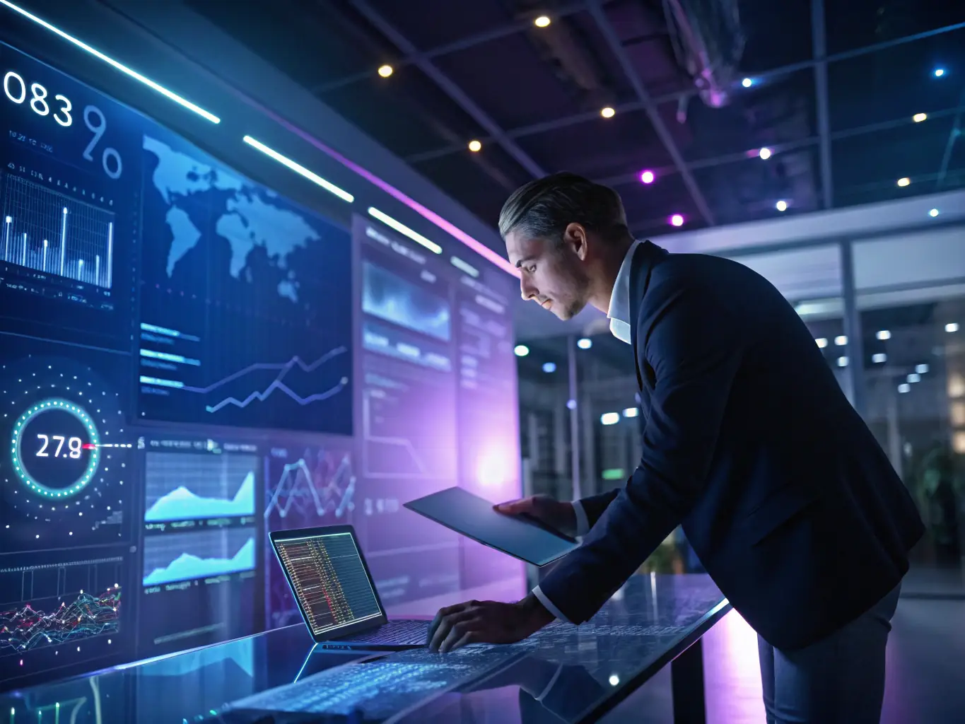 A futuristic image representing data analysis and strategic planning, symbolizing the forward-thinking approach of VectraSynapse's consulting services.