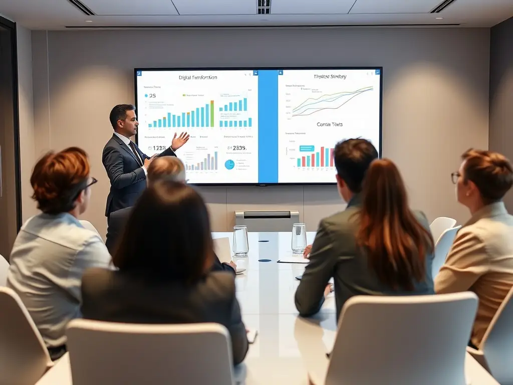 A consultant is presenting a digital transformation strategy to a team in a modern office setting, emphasizing the integration of new technologies.
